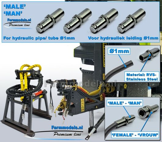 4x MAN koppelingen RVS STAAL, geschikt voor hydroliek leiding van &Oslash; 1 mm, echt koppelbaar met VROUW koppeling RVS Staal  Premium Line 1:32    