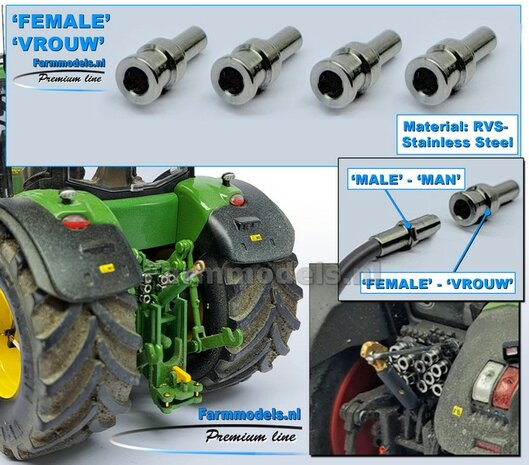 4x VROUW koppelingen RVS STAAL, geschikt voor MAN hydroliek koppeling met een leiding van &Oslash; 1 mm, echt koppelbaar RVS Staal Farmmodels Premium Line  1:32    