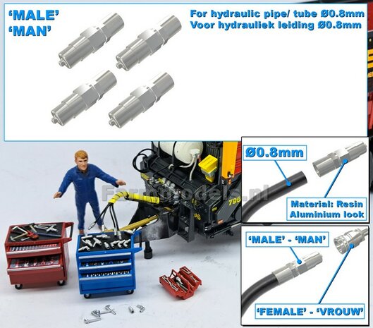 4x MAN koppelingen, geschikt voor hydroliek leiding van &Oslash; 0.8 mm  3D geprint kunststof aluminium gespoten geleverd 1:32     