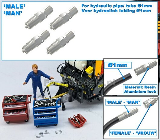 4x MAN koppelingen, geschikt voor hydroliek leiding van &Oslash; 1 mm  3D geprint kunststof aluminium gespoten geleverd  1:32     