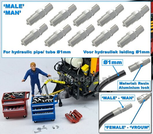 VOLUMEVOORDEEL: 10x MAN koppelingen, geschikt voor hydroliek leiding van &Oslash; 1 mm  3D geprint kunststof aluminium gespoten geleverd  1:32     