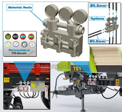 3x Nanometers + Regelventielen t.b.v hydrauliekleiding &Oslash;0.8mm geleverd incl. 8x ITD-Decals:  3D geprint RESIN  geleverd  1:32     