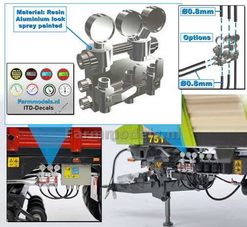 3x Nanometers + Regelventielen t.b.v hydrauliekleiding &Oslash;0.8mm geleverd incl. 8x ITD-Decals:  3D geprint RESIN ALUMINIUM GLANS Gespoten geleverd  1:32     