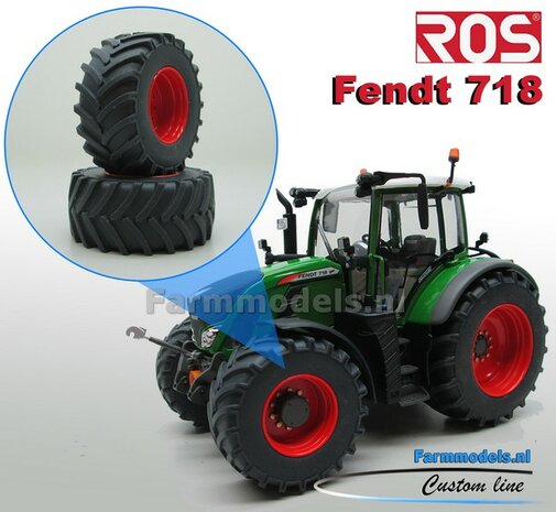 Fendt 718 ROS Brede Vooras banden  &Oslash; 47.5 mm x 20,5 mm breed + ALUMINIUM velgen FENDT ROOD gespoten 1:32 Farmmodels Custom Line Series 