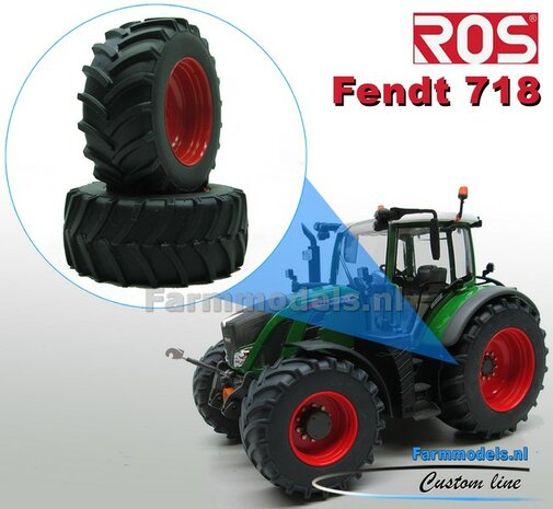 Fendt 718 ROS Brede Achteras banden  &Oslash; 61 mm x 25 mm + ALUMINIUM velgen FENDT ROOD gespoten 1:32 Farmmodels Custom Line Series 