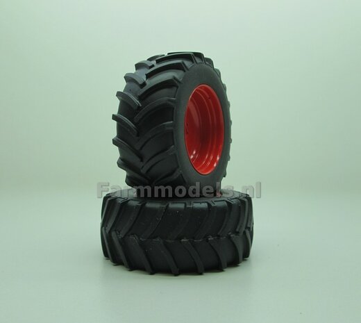 Fendt 718 ROS Brede Achteras banden  &Oslash; 61 mm x 25 mm + ALUMINIUM velgen FENDT ROOD gespoten 1:32 Farmmodels Custom Line Series 