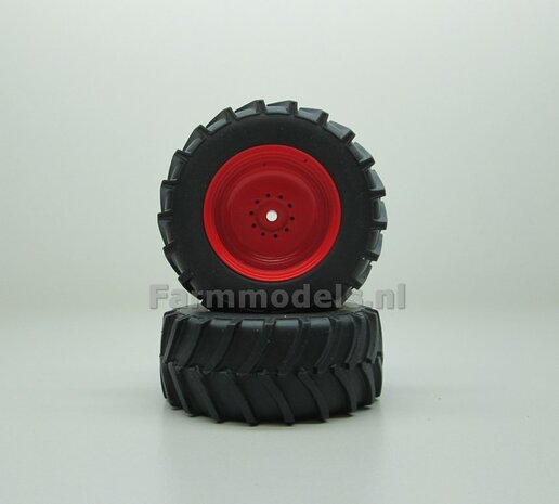 Fendt 718 ROS Brede Achteras banden  &Oslash; 61 mm x 25 mm + ALUMINIUM velgen FENDT ROOD gespoten 1:32 Farmmodels Custom Line Series 