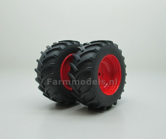 Fendt 718 ROS Brede Achteras banden  &Oslash; 61 mm x 25 mm + ALUMINIUM velgen FENDT ROOD gespoten 1:32 Farmmodels Custom Line Series 