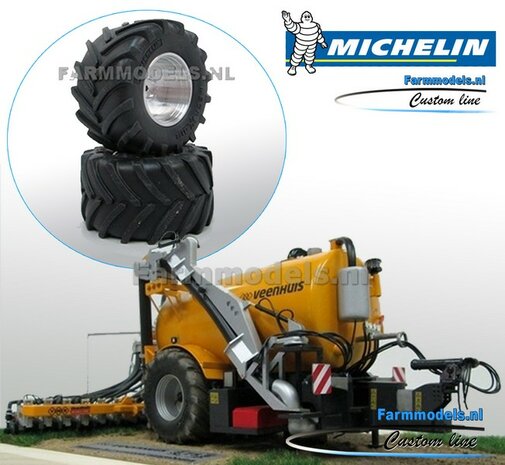 2x Michelin MEGA-Xbib 1050/50 R32 banden &Oslash; 58.5 x 33.3 mm + ALUMINIUM velgen BLANK geleverd UNIVERSEEL past op &Oslash; 3mm as 1:32  Farmmodels Custom Line Series                