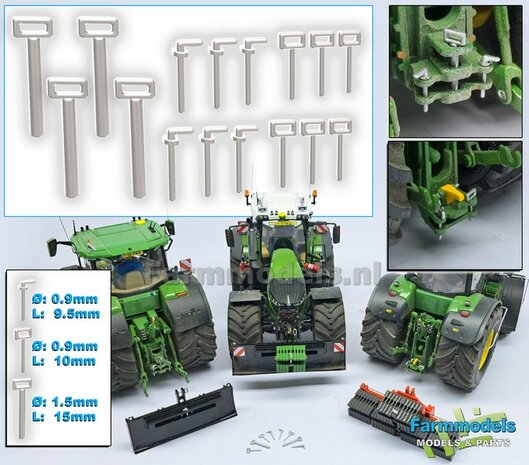 16x Trekhaak pinnen, assorti van 4 x dikke &Oslash; 1.5mm pinnen + &Oslash; 0.9mm pinnen waarvan 6x met handvat &amp; 6x met stang, gespoten in Aluminium glans 1:32