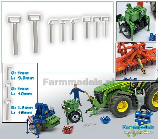 8x Trekhaak pinnen, assorti van 2 x dikke &Oslash; 1.5mm pinnen + &Oslash; 1mm pinnen waarvan 3x met handvat &amp; 3x met stang, gespoten in Aluminium glans 1:32