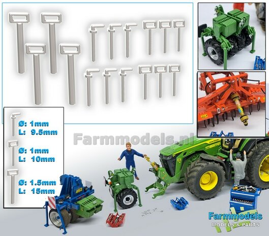 16x Trekhaak pinnen, assorti van 4 x dikke &Oslash; 1.5mm pinnen + &Oslash; 1mm pinnen waarvan 6x met handvat &amp; 6x met stang, gespoten in Aluminium glans 1:32