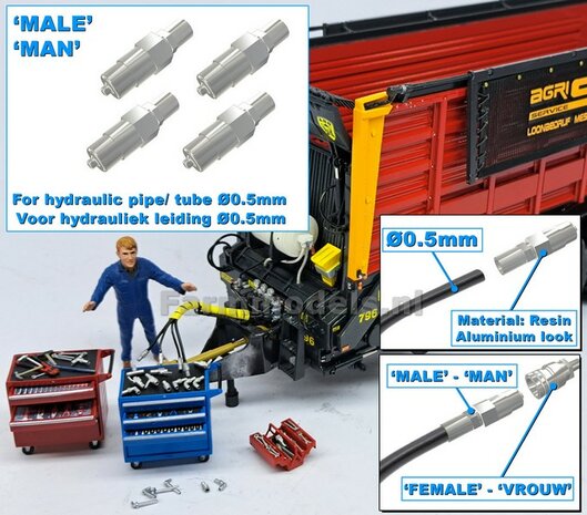 4x MAN koppelingen, geschikt voor hydroliek leiding van &Oslash; 0.5 mm  3D geprint kunststof aluminium gespoten geleverd 1:32     