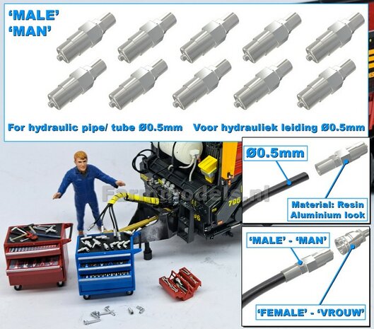 VOLUMEVOORDEEL: 10x MAN koppelingen, geschikt voor hydroliek leiding van &Oslash; 0.5 mm  3D geprint kunststof aluminium gespoten geleverd  1:32     