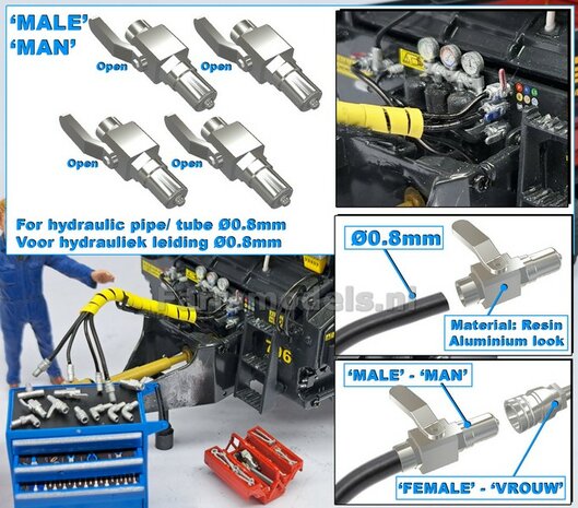 4x KOGELKRAAN MAN koppelingen handel &quot;OPEN&quot;, geschikt voor hydroliek leiding van &Oslash; 0.8 mm  3D geprint kunststof aluminium gespoten geleverd 1:32     