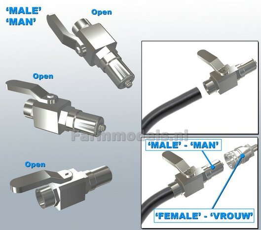 4x KOGELKRAAN MAN koppelingen handel &quot;OPEN&quot;, geschikt voor hydroliek leiding van &Oslash; 0.8 mm  3D geprint kunststof aluminium gespoten geleverd 1:32     