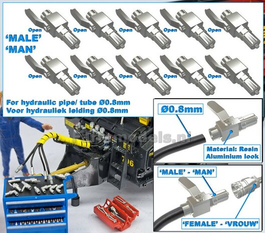 10x KOGELKRAAN MAN koppelingen handel &quot;OPEN&quot;, geschikt voor hydroliek leiding van &Oslash; 0.8 mm  3D geprint kunststof aluminium gespoten geleverd 1:32     