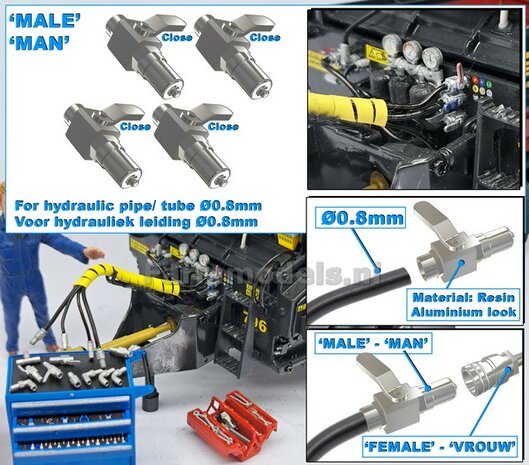 4x KOGELKRAAN MAN koppelingen handel &quot;DICHT&quot;, geschikt voor hydroliek leiding van &Oslash; 0.8 mm  3D geprint kunststof aluminium gespoten geleverd 1:32     