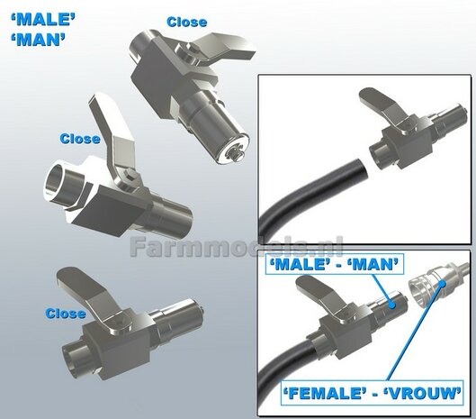 4x KOGELKRAAN MAN koppelingen handel: 2x &quot;DICHT&quot; + 2x &quot;OPEN&quot;, geschikt voor hydroliek leiding van &Oslash; 0.8 mm  3D geprint kunststof aluminium gespoten geleverd 1:32     