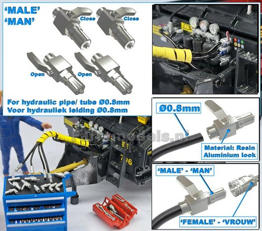 4x KOGELKRAAN MAN koppelingen handel: 2x &quot;DICHT&quot; + 2x &quot;OPEN&quot;, geschikt voor hydroliek leiding van &Oslash; 0.8 mm  3D geprint kunststof aluminium gespoten geleverd 1:32     