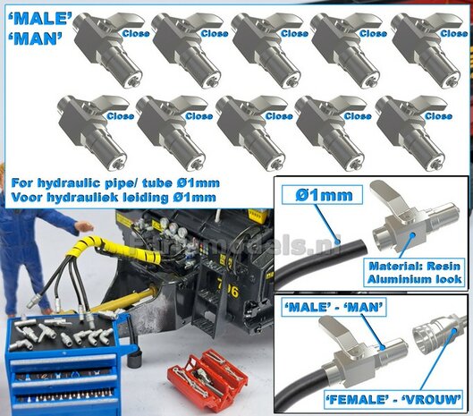 10x KOGELKRAAN MAN koppelingen handel &quot;DICHT&quot;, geschikt voor hydroliek leiding van &Oslash; 1 mm  3D geprint kunststof aluminium gespoten geleverd 1:32     