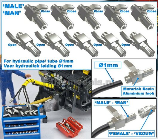 10x KOGELKRAAN MAN koppelingen handel: 5x &quot;DICHT&quot; + 5x &quot;OPEN&quot;, geschikt voor hydroliek leiding van &Oslash; 1 mm  3D geprint kunststof aluminium gespoten geleverd 1:32     