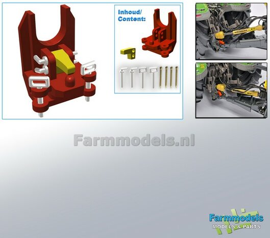 Ondertrekhaak DELUXE  (CASE) IH DONKER ROOD + GELE PAL met werkende KIPPERKNOBBEL + 2x stuurstang aansluiting, geleverd met Deluxe pinnenset   1:32