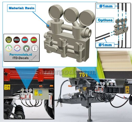 3x Nanometers + Regelventielen t.b.v hydrauliekleiding &Oslash;1mm geleverd incl. 8x ITD-Decals:  3D geprint RESIN  geleverd  1:32     