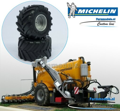 2x Michelin MEGA-Xbib 1050/50 R32 banden &Oslash; 58.5 x 33.3 mm + Alu. Velgen ALUMINIUM METALIC gespoten, past op &Oslash; 3mm as 1:32  Farmmodels Custom Line Series                