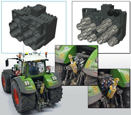 Hydrauliekblok 6x2 achterbrug Fendt 942 Wiking: RESIN, FENDT 942 CHASSIS GRIJS Gespoten geleverd, geschikt voor  plaatsing van 12x &quot;VROUW&quot; koppelingen  1:32    