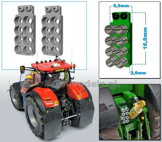 2x Hydrauliekblok 4x2 + Isobus/ stroom aansluiting t.b.v. achterbrug, UNIVERSEEL, BLANK RESIN geschikt voor plaatsing van 8x &quot;VROUW&quot; koppelingen  1:32    