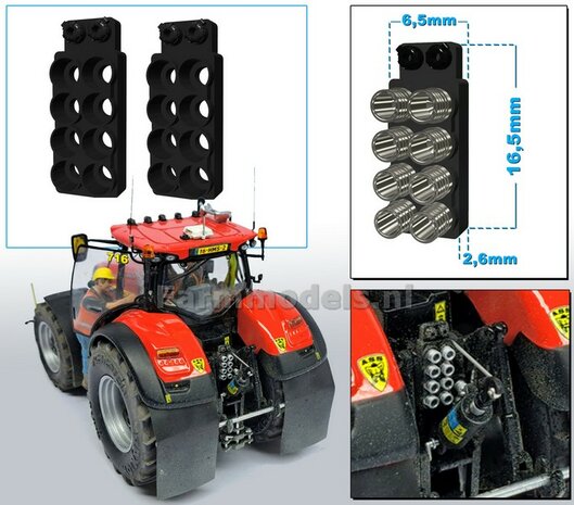 2x Hydrauliekblok 4x2 + Isobus/ stroom aansluiting t.b.v. achterbrug, UNIVERSEEL, RESIN ZWART GLANS gespoten, geschikt voor plaatsing van 8x &quot;VROUW&quot; koppelingen  1:32