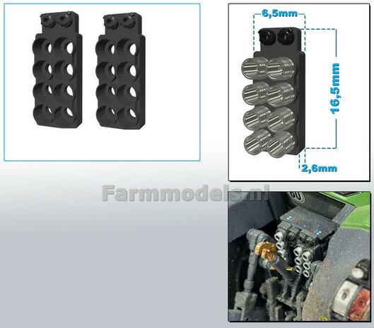 2x Hydrauliekblok 4x2 + Isobus/ stroom aansl. t.b.v. achterbrug, UNIVERSEEL, RESIN, FENDT DONKER GRIJS gespoten, voor plaatsing van 8x &quot;VROUW&quot; koppelingen  1:32