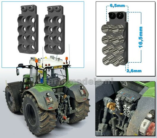 2x Hydrauliekblok 4x2 + Isobus/ stroom aansluiting t.b.v. achterbrug, UNIVERSEEL, RESIN, MF 9S CHASSIS GRIJS gespoten, plaatsing van 8x &quot;VROUW&quot; koppelingen  1:32