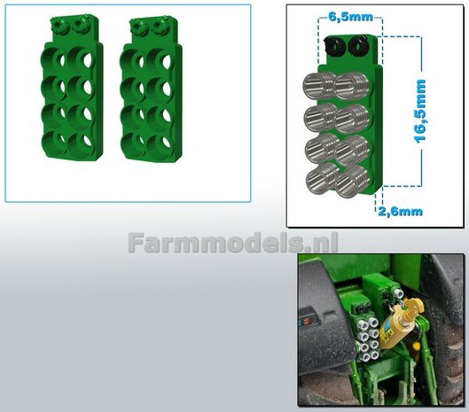 2x Hydrauliekblok 4x2 + Isobus/ stroom aansl. t.b.v. achterbrug, UNIVERSEEL, RESIN, JD 7810 OUD GROEN  gespoten, plaatsing van 8x &quot;VROUW&quot; koppelingen  1:32