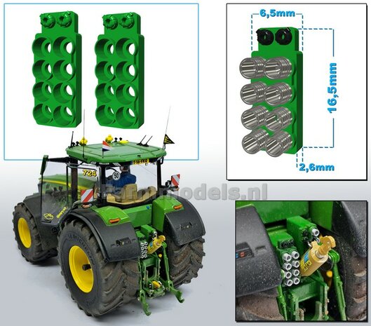 2x Hydrauliekblok 4x2 + Isobus/ stroom aansl. t.b.v. achterbrug, UNIVERSEEL, RESIN, JD 7R 310 GROEN  gespoten, plaatsing van 8x &quot;VROUW&quot; koppelingen  1:32