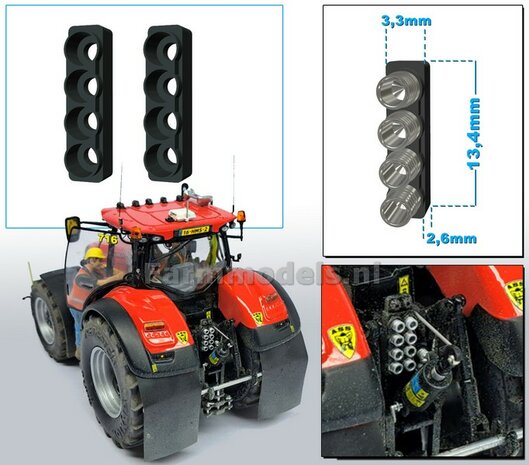 2x Hydrauliekblok 4x1 t.b.v. achterbrug, UNIVERSEEL,  RESIN, ZWART GLANS gespoten, geschikt voor plaatsing van 4x &quot;VROUW&quot; koppelingen  1:32    