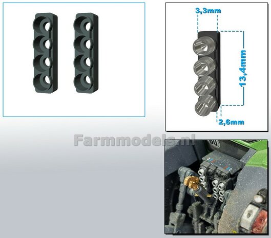 2x Hydrauliekblok 4x1 t.b.v. achterbrug, UNIVERSEEL,  RESIN, FENDT DONKER GRIJS gespoten, plaatsing van 4x &quot;VROUW&quot; koppelingen  1:32    