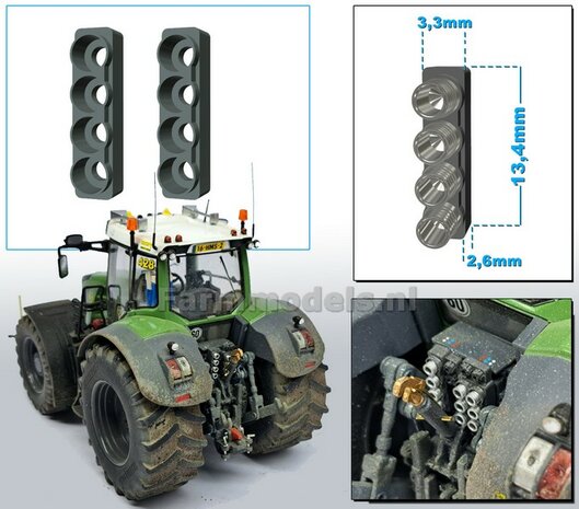 2x Hydrauliekblok 4x1  t.b.v. achterbrug, UNIVERSEEL, RESIN, MF 9S CHASSIS GRIJS gespoten, voor 4x &quot;VROUW&quot; koppelingen  1:32