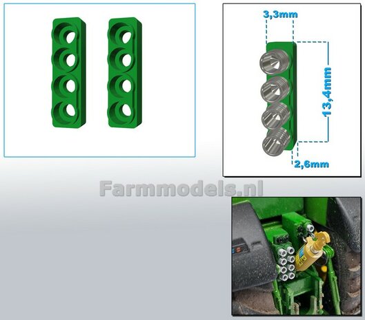 2x Hydrauliekblok 4x1 + Isobus/ stroom aansluiting t.b.v. achterbrug, UNIVERSEEL, RESIN, JD 7810 OUD GROEN gespoten, voor 4x &quot;VROUW&quot; koppelingen  1:32