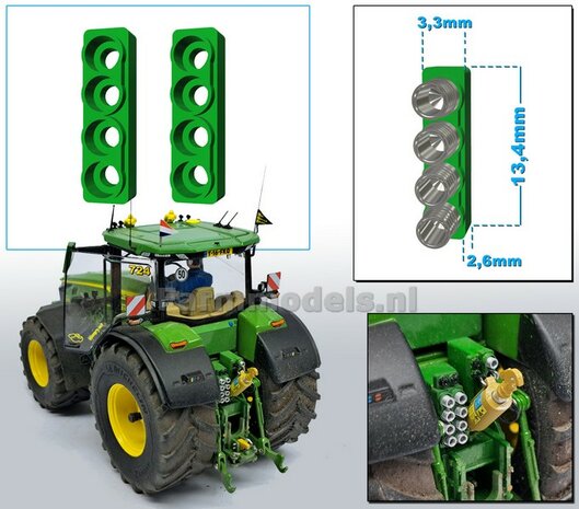 2x Hydrauliekblok 4x1 + Isobus/ stroom aansluiting t.b.v. achterbrug, UNIVERSEEL, RESIN, JD 7R 310 GROEN gespoten, voor 4x &quot;VROUW&quot; koppelingen  1:32