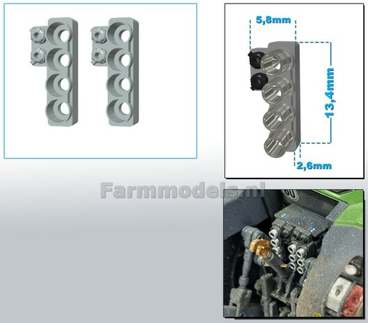 2x Hydrauliekblok 4x1 + stroom/ Isobus aansl. LINKS t.b.v. achterbrug, UNIVERSEEL, BLANK RESIN geschikt voor plaatsing van 4x &quot;VROUW&quot; koppelingen  1:32    