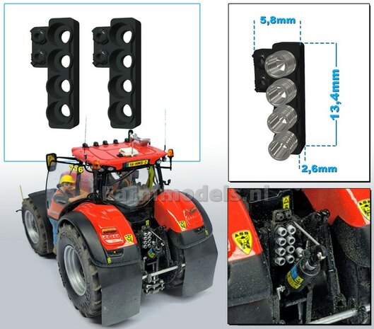 2x Hydrauliekblok 4x1 + stroom/ Isobus aansl. LINKS t.b.v. achterbrug, UNIVERSEEL,  RESIN, ZWART GLANS gespoten, voor plaatsing van 4x &quot;VROUW&quot; koppelingen  1:32    