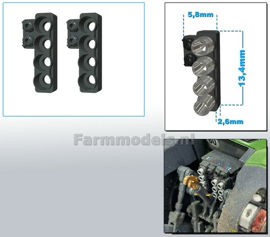 2x Hydrauliekblok 4x1 + stroom/ Isobus aansl. LINKS t.b.v. achterbrug, UNIVERSEEL,  RESIN, FENDT DONKER GRIJS gespoten, voor 4x &quot;VROUW&quot; koppelingen  1:32    