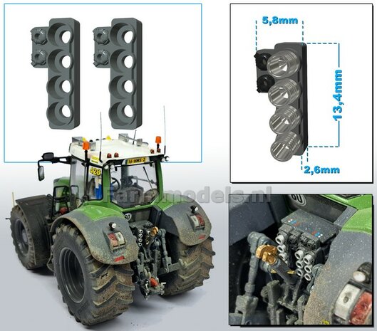 2x Hydrauliekblok 4x1 + stroom/ Isobus aansl. LINKS t.b.v. achterbrug, UNIVERSEEL,  RESIN, MF 9S CHASSIS GRIJS gespoten, voor 4x &quot;VROUW&quot; koppelingen  1:32    