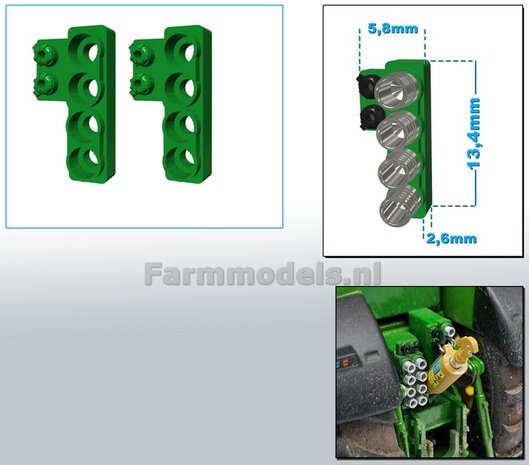 2x Hydrauliekblok 4x1 + stroom/ Isobus aansl. LINKS t.b.v. achterbrug, UNIVERSEEL,  RESIN, JD 7810 OUD GROEN gespoten, voor 4x &quot;VROUW&quot; koppelingen  1:32    