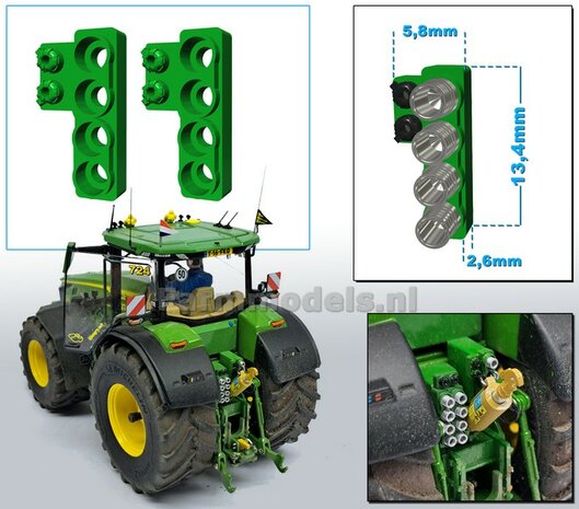 2x Hydrauliekblok 4x1 + stroom/ Isobus aansl. LINKS t.b.v. achterbrug, UNIVERSEEL,  RESIN, JD 7R 310 GROEN gespoten, voor 4x &quot;VROUW&quot; koppelingen  1:32    