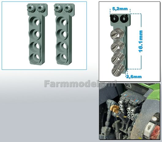 2x Hydrauliekblok 4x1 + stroom/ Isobus aansl. BOVENOP t.b.v. achterbrug, UNIVERSEEL, BLANK RESIN geschikt voor plaatsing van 4x &quot;VROUW&quot; koppelingen  1:32    