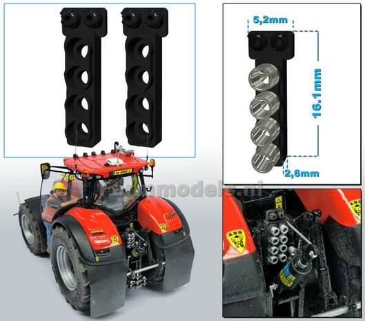 2x Hydrauliekblok 4x1 + stroom/ Isobus aansl. BOVENOP t.b.v. achterbrug, UNIVERSEEL,  RESIN, ZWART GLANS gespoten, voor plaatsing van 4x &quot;VROUW&quot; koppelingen  1:32    