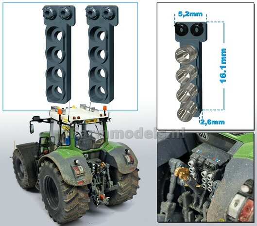 2x Hydrauliekblok 4x1 + stroom/ Isobus aansl. BOVENOP t.b.v. achterbrug, UNIVERSEEL,  RESIN, MF 9S CHASSIS GRIJS gespoten, voor 4x &quot;VROUW&quot; koppelingen  1:32    